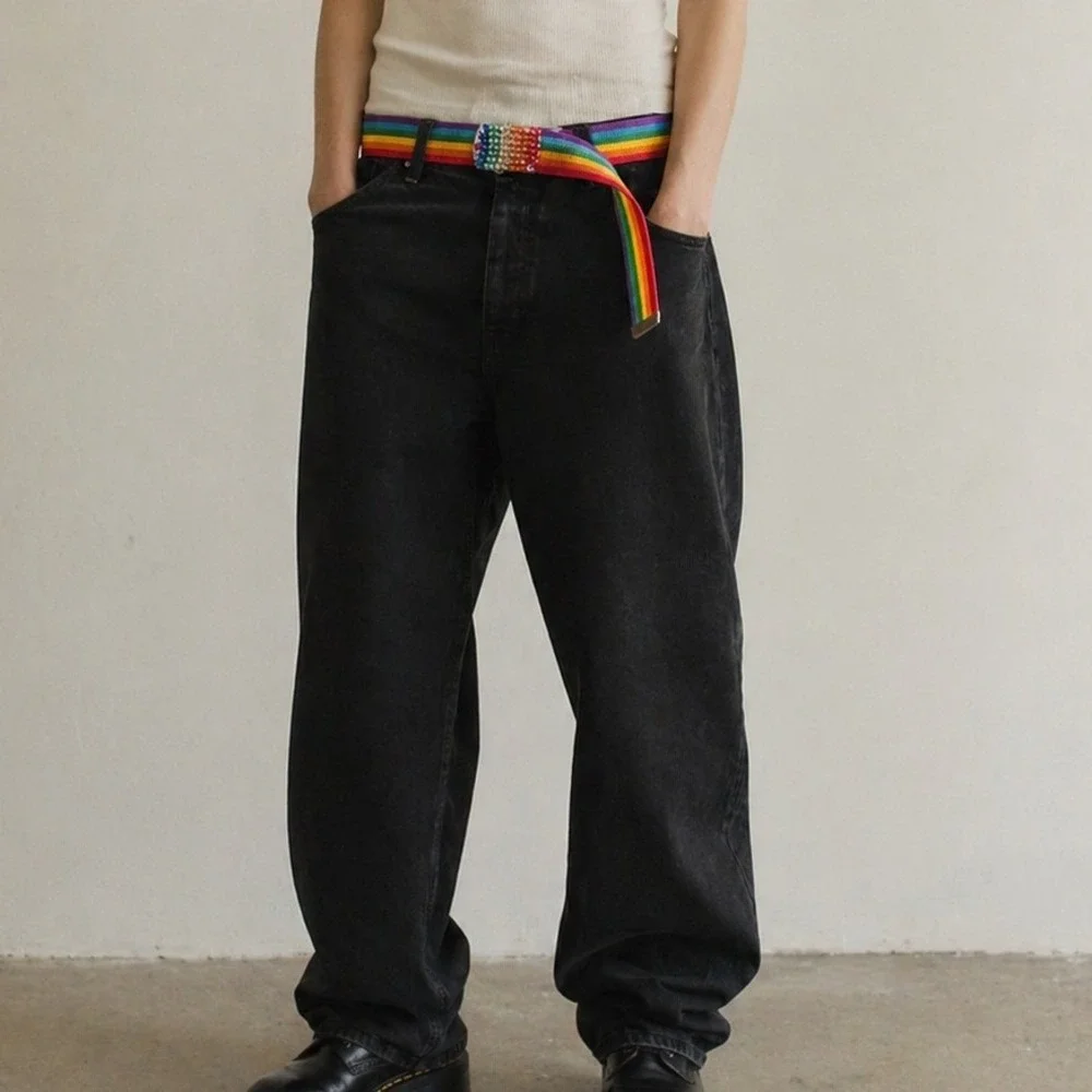 Rainbow‎ Striped Web Belt with Rhinestone Flip Top Buckle 90s Pride Accessory